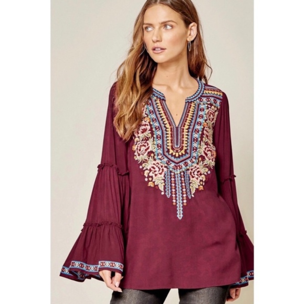 SAVANNA JANE Burgundy Embroidered V Neck Top | Relaxed Fit | Southwestern Boho